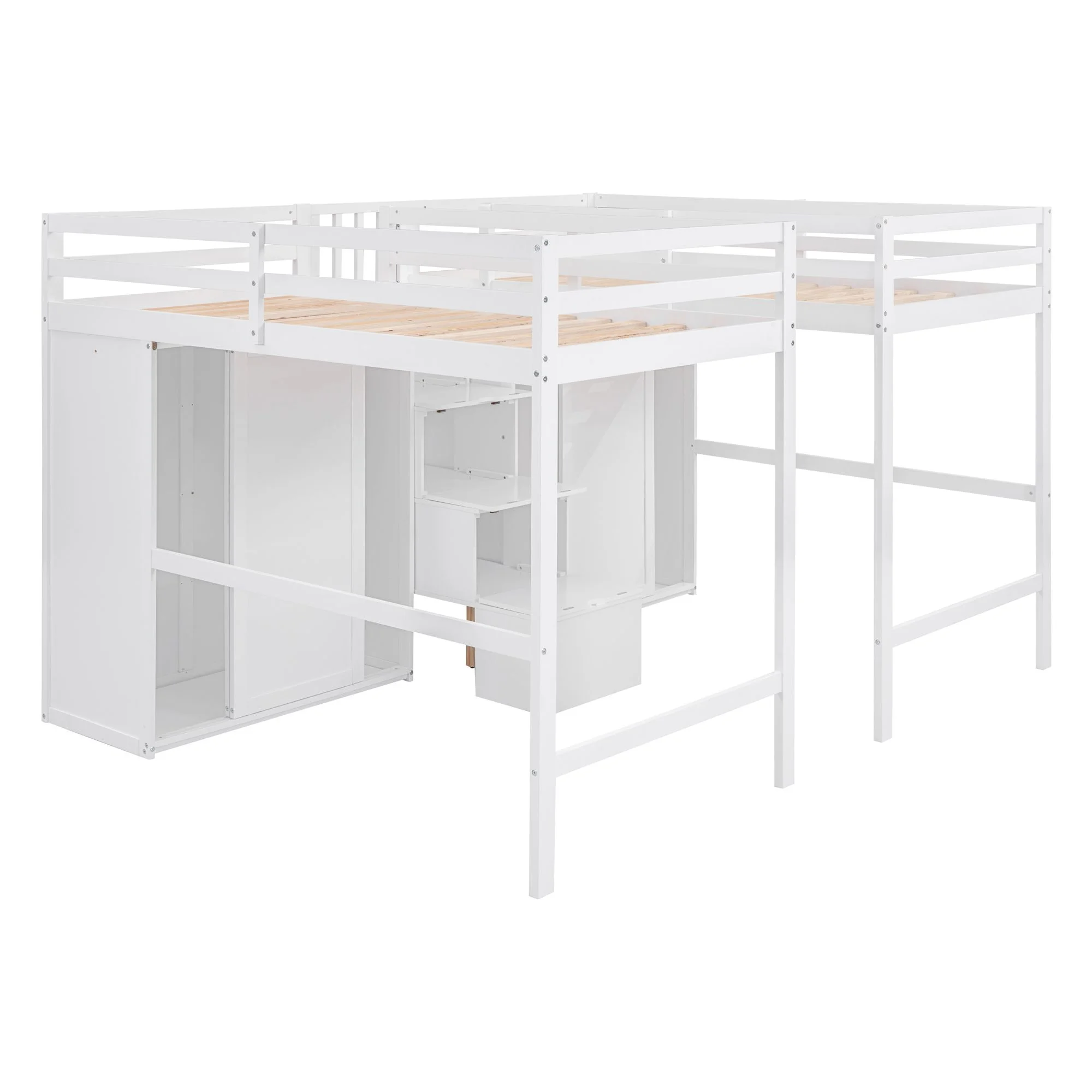 Double Twin Loft Bed, Solid Wood Loft Bed with Wardrobes and Staircase, Modern Storage Loft Bed with Storage Stairs and Shelves for Boys Girls Teens, Space Saving