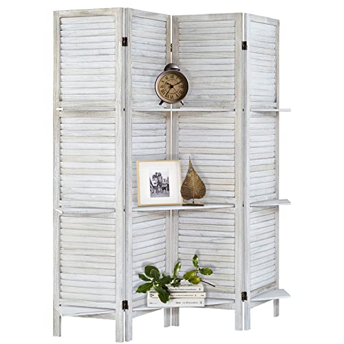 Room Divider with Shelves, Privacy Screen, Room Dividers and Folding Privacy Screens, 5 Panel Wood Temporary Wall Partition Separation Separator, Coconut