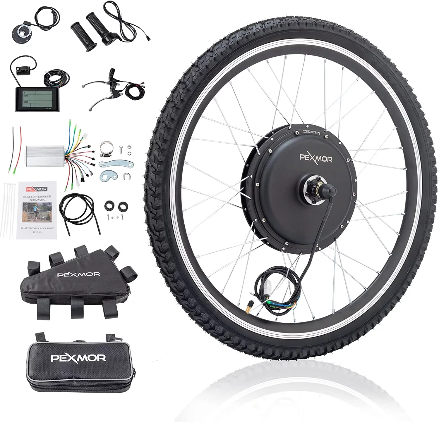 PEXMOR Electric Bike Conversion Kit, 48V 1000W 26" Front/Rear Wheel w/Tire Ebike Conversion Kit, Electric Bicycle Hub Motor Kit with LCD Display/Controller/PAS/Brake Lever/Torque Arm
