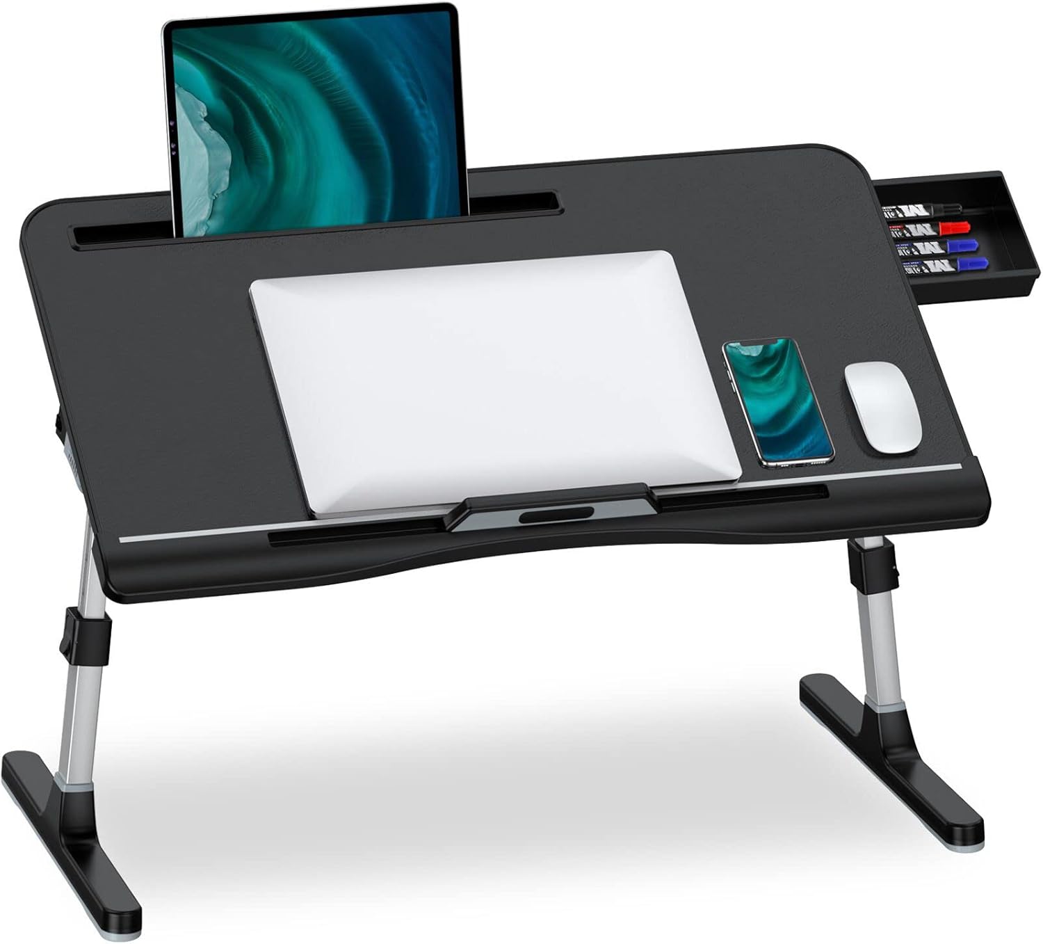 Potuopy Laptop Desk for Bed, Bed Desk for Laptop, Adjustable Laptop Bed Desk with Storage Drawer, Foldable Laptop Desk for Working, Writing, Drawing (Large, Black) Pack of 2