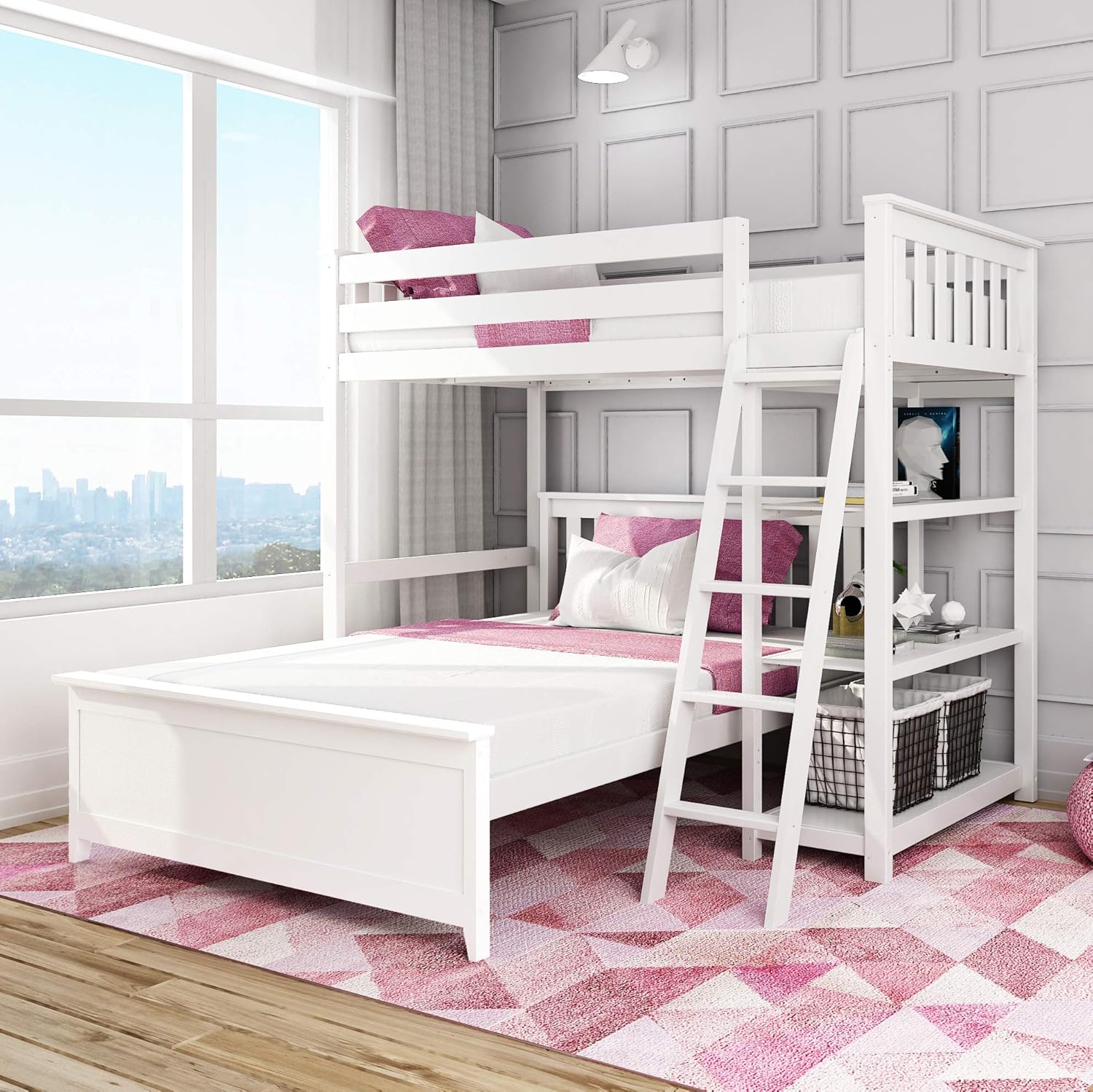 Max & Lily L Shape Bunk Bed with Bookcase, Twin/Full, White