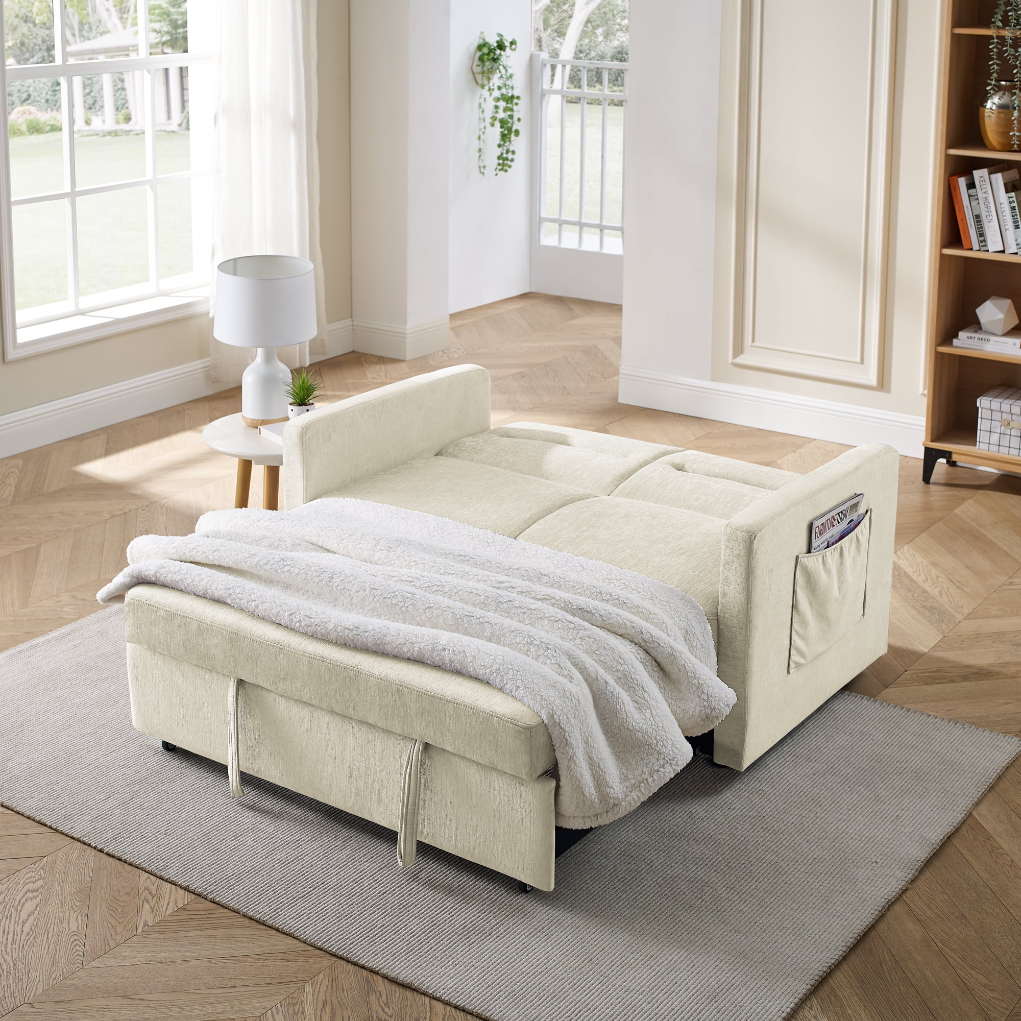 Bellemave 54.5" Pull Out Sleeper Sofa Bed, Sleeper Loveseats Sofa Couch with Adjustable Backrest and 2 Arm Pocket for Living Room Bedroom Apartment Office (Black) - Curated Treasures Market