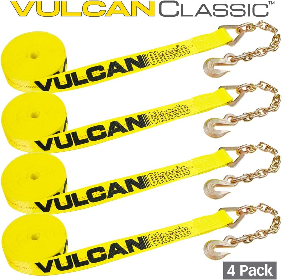 VULCAN Winch Strap with Chain Anchor - 2 Inch x 27 Foot - 4 Pack - Classic Yellow - 3,600 Pound Safe Working Load