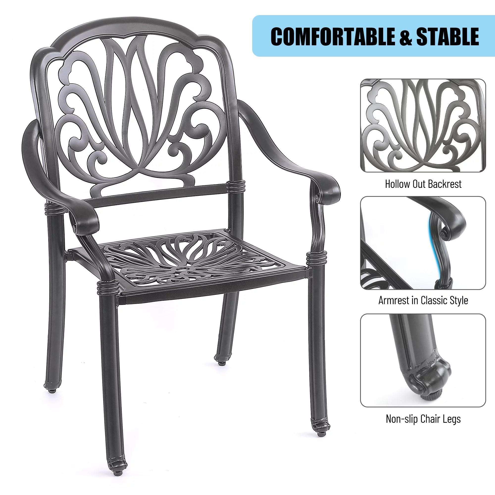 5Pcs Outdoor Furniture Dining Table Set All-Weather Cast Aluminum Patio Furniture Includes 1 Round Table and 4 Chairs with Umbrella Hole for Patio Garden Deck, Lattice Weave Design, Black Color