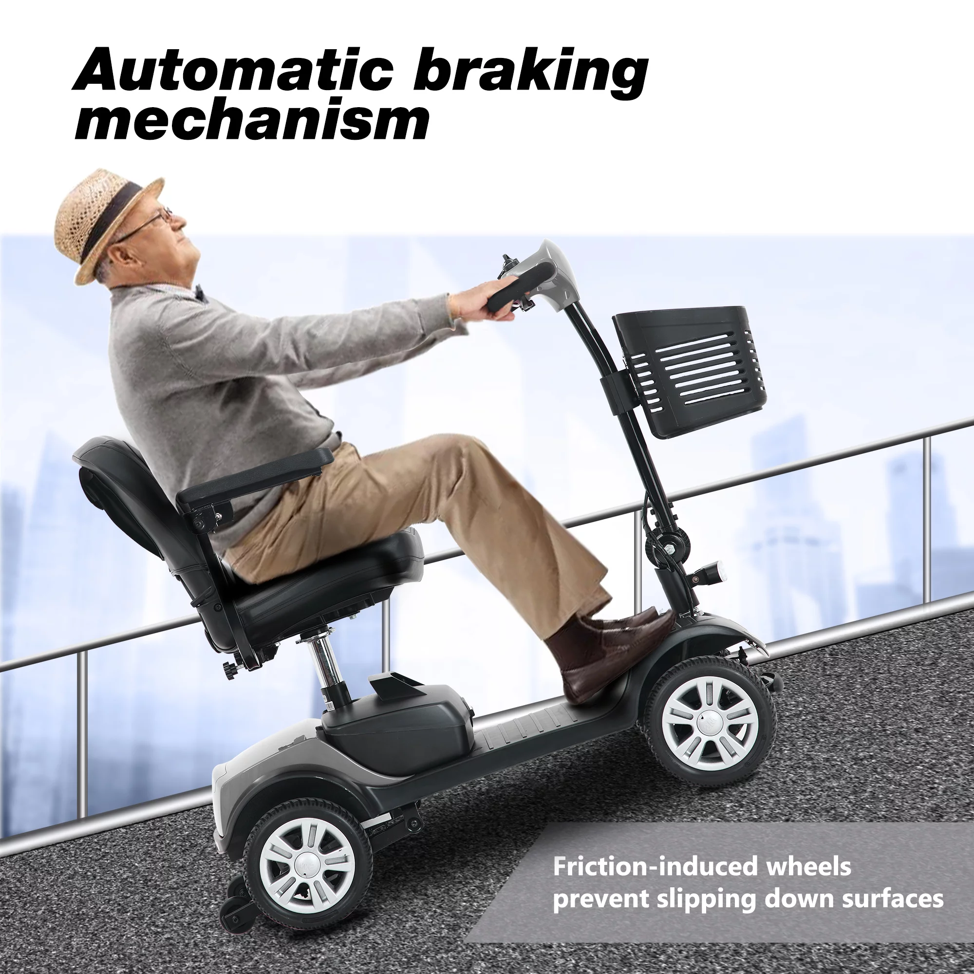 BTMWAY Mobility Scooter, 4 Wheels Electric Scooter for Seniors, Compact Folding Travel Mobility Scooters for Adult, Transformer Mobility Scooter with Swivel Seat, Front and Rear LED Light, Silver