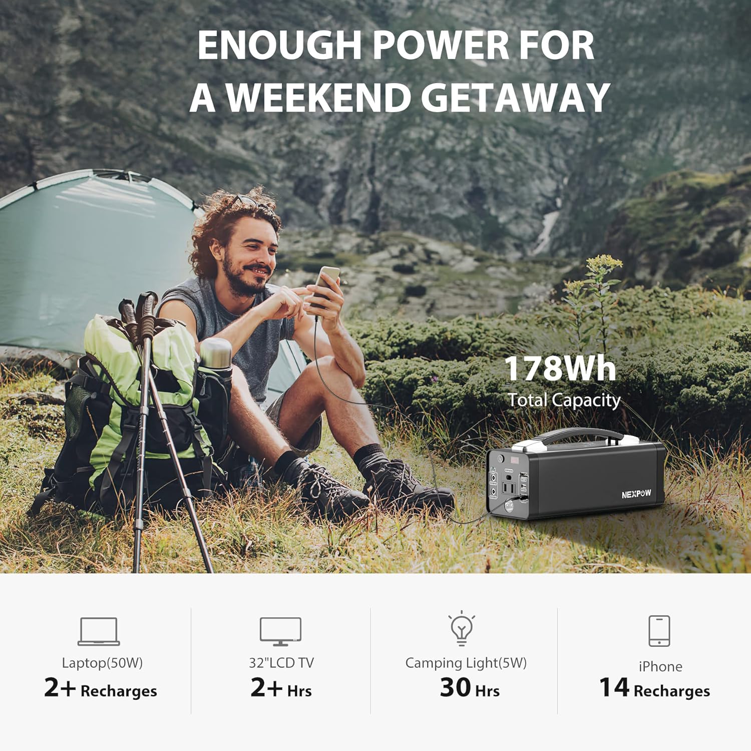 NEXPOW 178Wh Portable Power Station, 48000mAh Camping Solar Generators Lithium Battery Power Supply with 110V/120W(Peak 150W) AC Outlet, USB PD QC3.0, LED Flashlights for CPAP Home Camping Emergency Backup