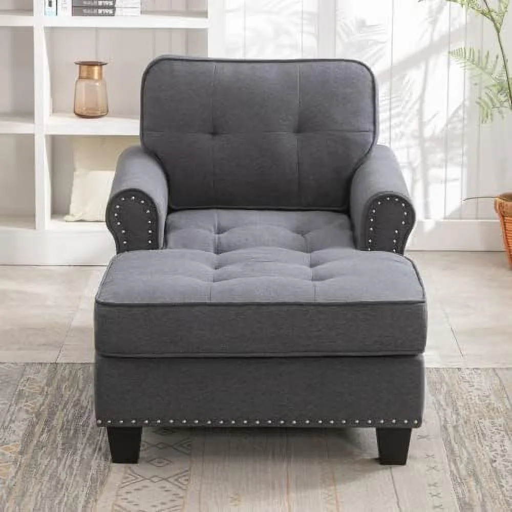 RUNFAYBIU Chaise Lounge Sofa Couch Linen Chaise Sofa Bed Bench with Tufted Back  Mid-Century Sleeper Sofa Chair Bed for Small Place/Apartment/Living Room/Office/Studio (Dark Gray)