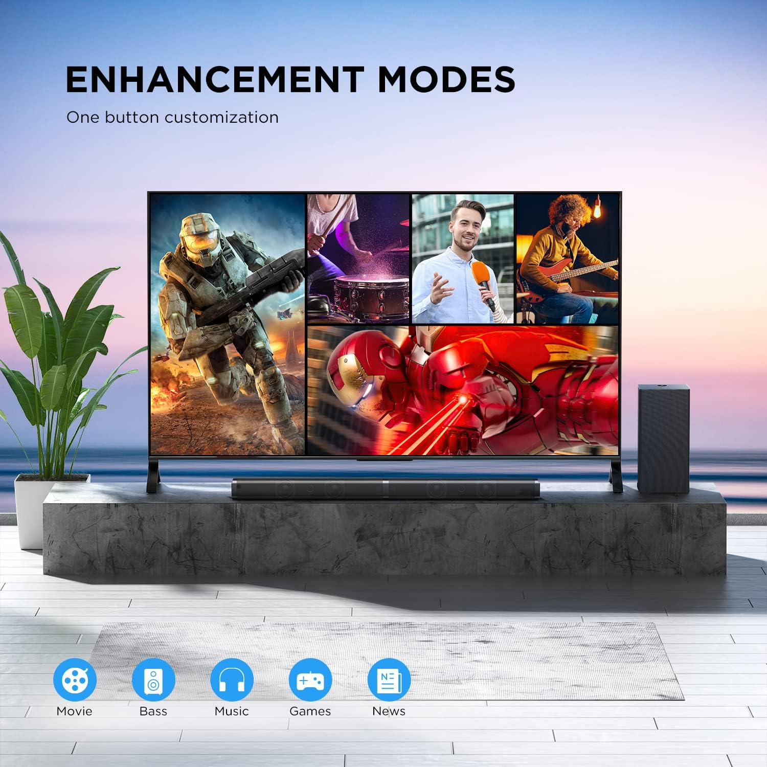TV Sound Bar with Subwoofer, 2.1 CH Ultra-Slim Sound Bars for TV, 110dB/100W, 5 Smart EQ Modes, LED Night Mode, Bass Adjustable Surround Sound, Works with 4K & HD TVs, Optical/Aux/USB Multi-Connection