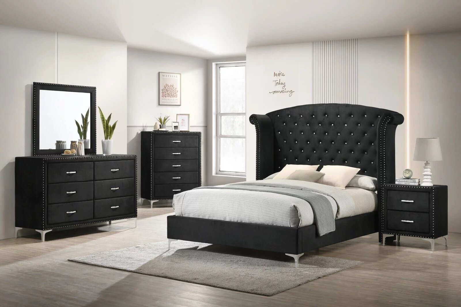 Modern Glamourous 6pc King Size Bed Dresser Mirror Nightstands Chest Bedroom Set Black Velvet Upholstery Furniture
