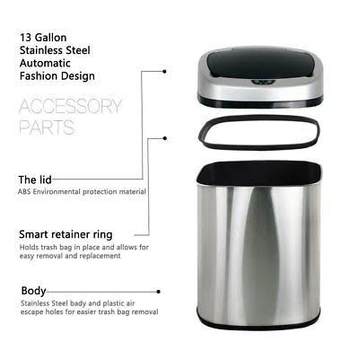 BestOffice Touch Free Sensor Stainless Steel Trash Can 13.2-gallon