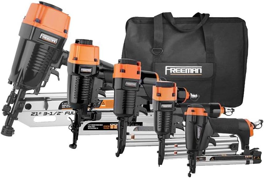 Freeman P5FRFNFWSCB Pneumatic Framing and Finishing Nailers and Staplers Combo Kit with Canvas Bag and Fasteners (5-Piece)