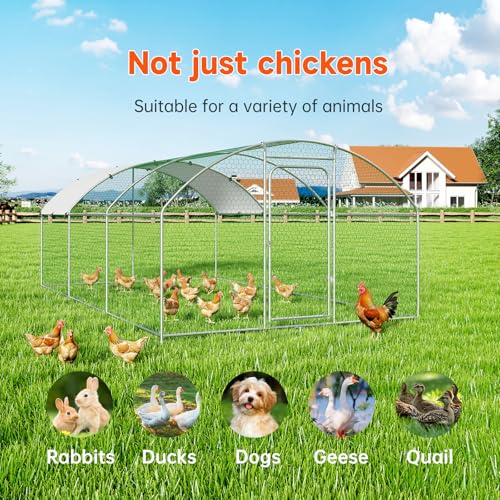 Large Metal Chicken Coop, Chicken Run Poultry Cage Hen with Water-Resident and Anti-UV Cover for Duck Rabbit House Outdoor Walk-in Chicken Pen for Yard, Dome Roof(10’ W x 19.7’ L x 6.4’ H)