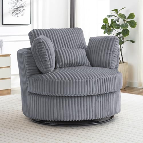 Chair and A Half with Ottoman, 360° Swivel Accent Barrel Chair Modern Comfy Round Reading Sofa Swivel Chairs Circle Lounge Chair for Bedroom Living Room w/4 Pillow Lower Seating Heigh (White, Large)