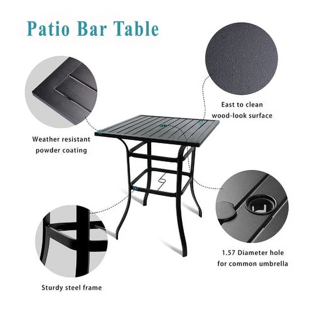 Bigroof 5-Piece Outdoor Textile Bar Set with Swivel Bar Stools Extra Wide Modern Patio Furniture Suitable for Patio Garden Porch Dining room, black, Steel