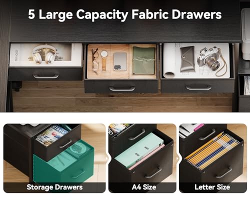 AODK 71 inch L Shaped Desk with File Drawers, Reversible L Shaped Gaming Desk with Power Outlets & LED Lights, Computer Desk with Storage Shelves for Home Office, Black