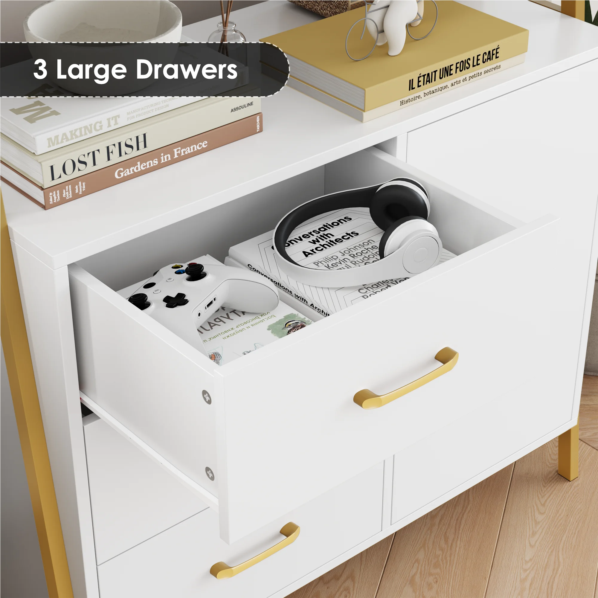 Homfa 3 Tier Display Storage Shelves with 3 Drawers, Gold Metal Frame Bookshelf for Living room, White Finish
