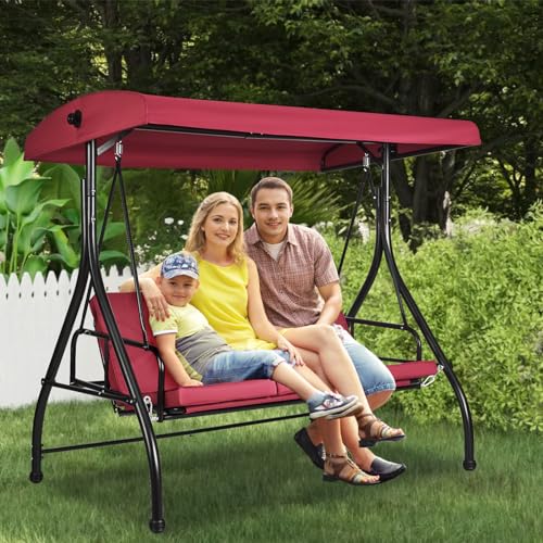 VEVOR 3-Seat Patio Swing Chair, Converting Canopy Swing, Outdoor Patio Porch with Adjustable Canopy, Removable Thick Cushion and Alloy Steel Frame, for Balcony, Backyard, Poolside, Brown