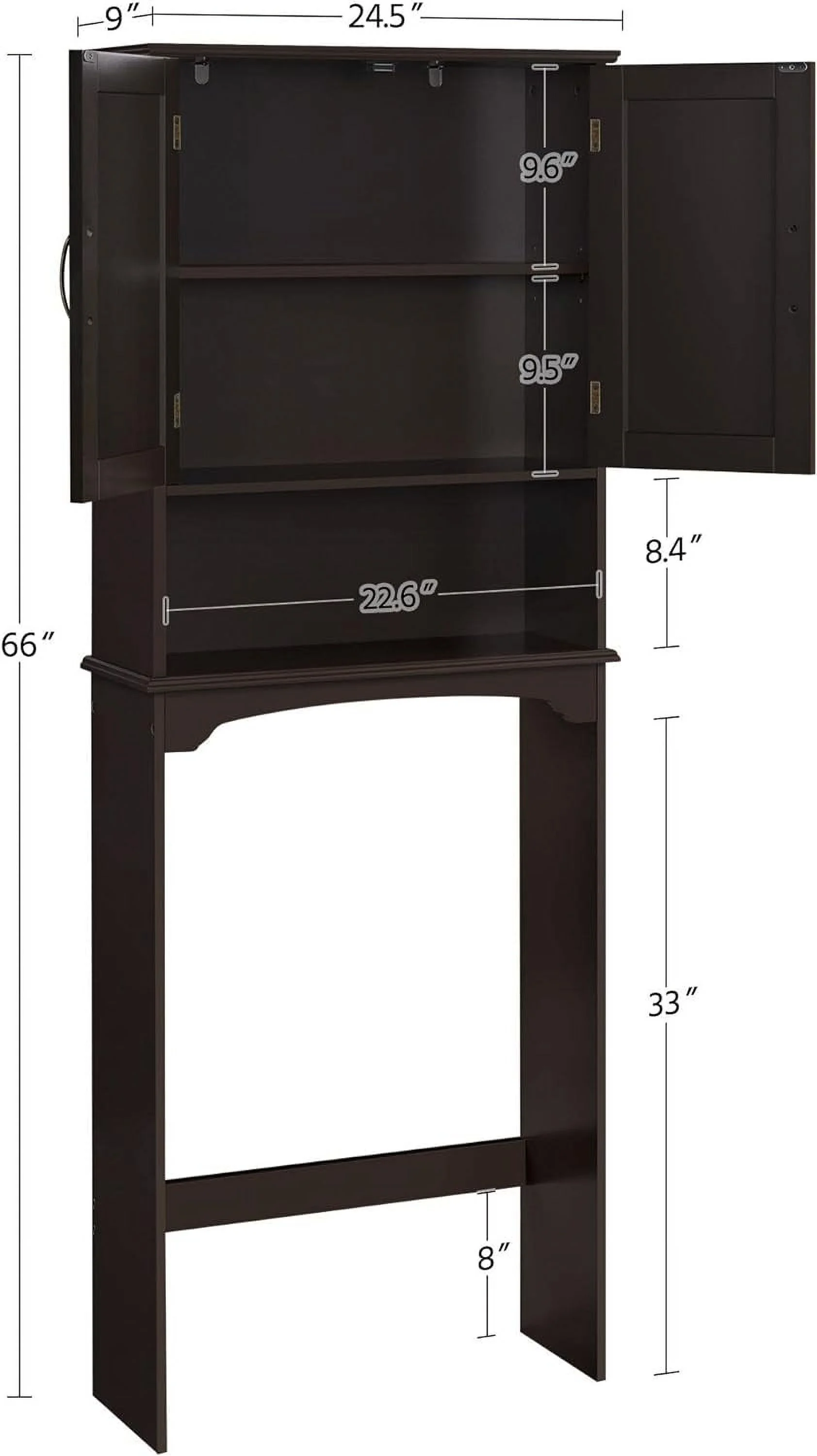 Over The Toilet Storage Cabinet Bathroom Organizer With Adjustable Shelf & Double Doors For Toilet, Home Space-Saving Furniture, L24.5Xw9xh66 Inches, Espresso