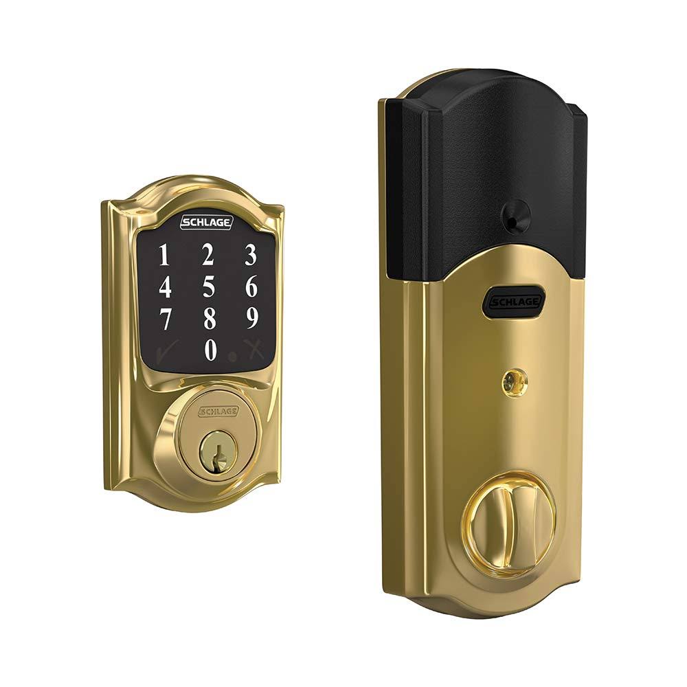 Schlage Connect Smart Deadbolt with Camelot Trim in Bright Brass, Zigbee Certified - BE468GBAK Cam 605