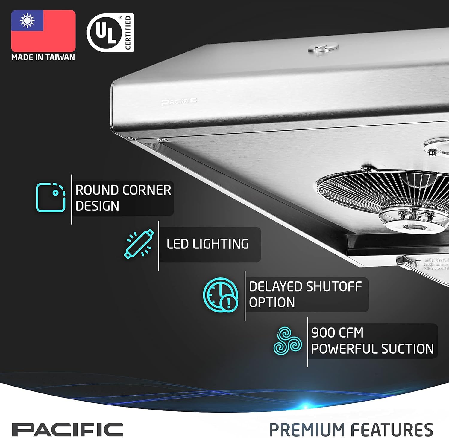 Pacific Kitchen Vent Hood AC30BS – 30 Inch Under Cabinet Range Hood – Filterless Modern Stainless Steel Hood Vent with 900 CFM Suction, Dual Fans, LED Touch Controls and Auto-Clean Function