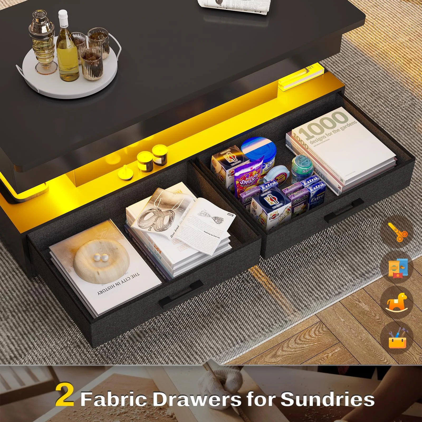 SEDETA 40" Lift Top Coffee Table with Storage, Small Coffee Table with 2 Fabric Drawers and LED Light for Dining Reception Room, Black
