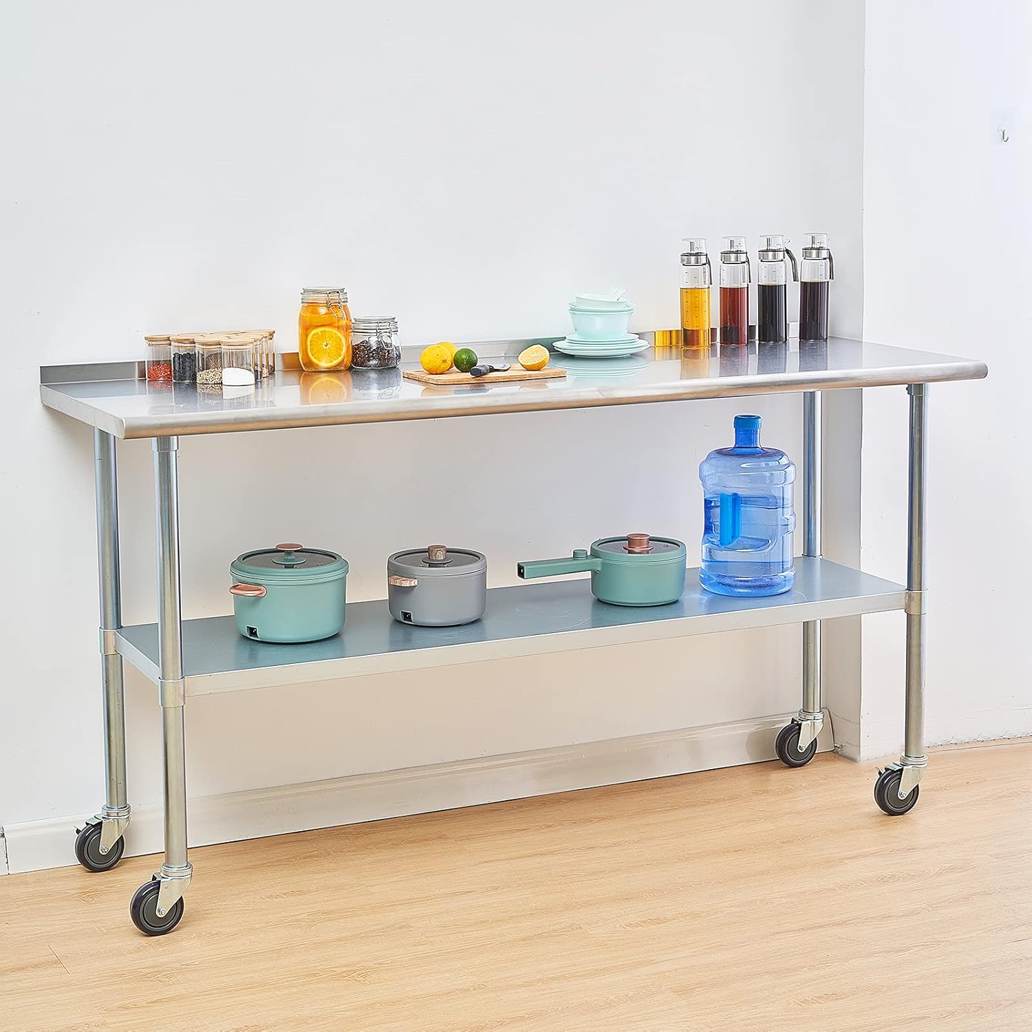 EASE-WAY Stainless Steel Metal Table NSF for Commercial Kitchen Prep & Work, 24 x 60 Inches Worktable with Backsplash, Adjustable Shelf and Caster Wheel, for Industrial Restaurant, Home and Garage