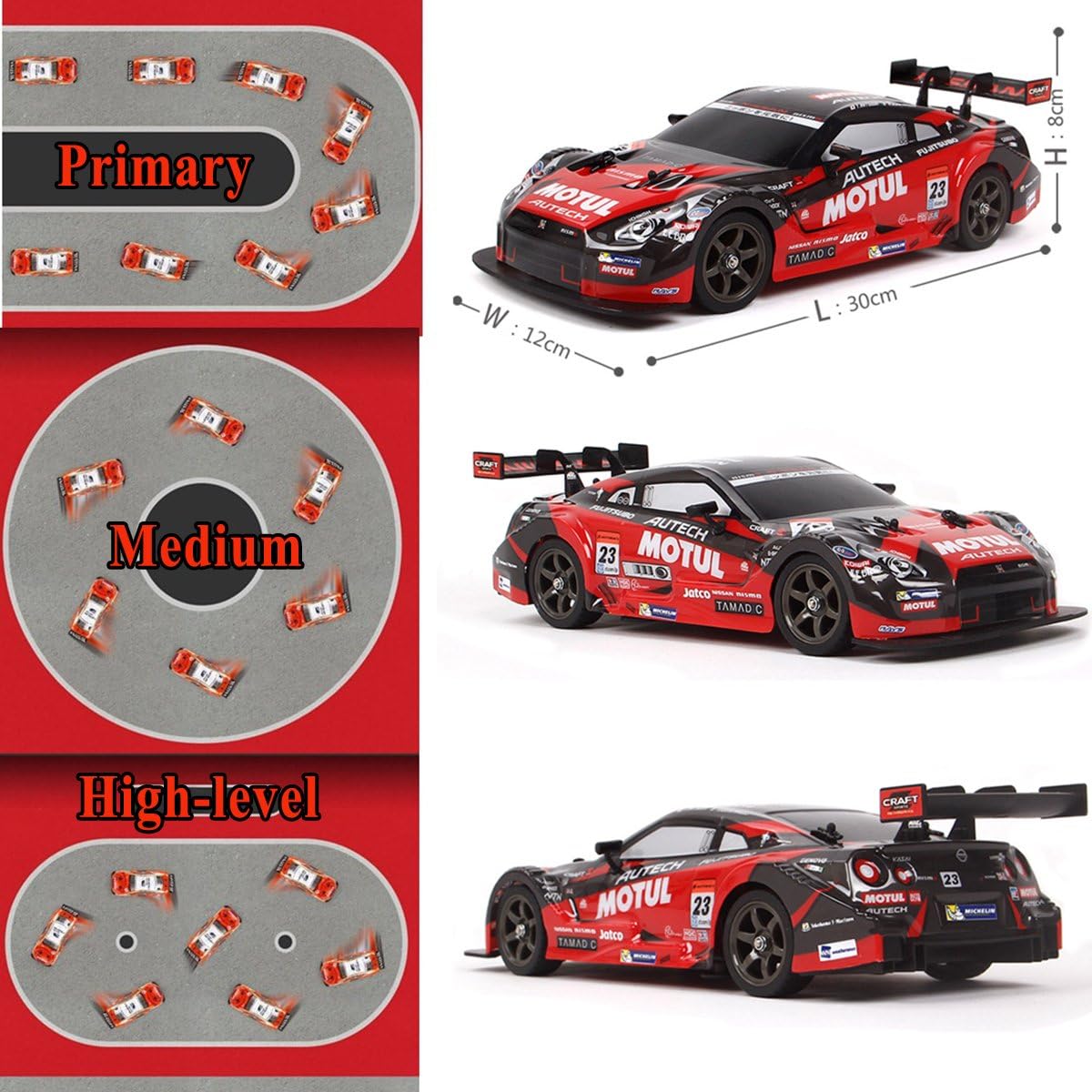 Super GT RC Sport Racing Drift Car, 1/16 Remote Control Car for Adults Kids Gifts, 4WD RTR Vehicle with 6 Battery and Drift Tires - Red