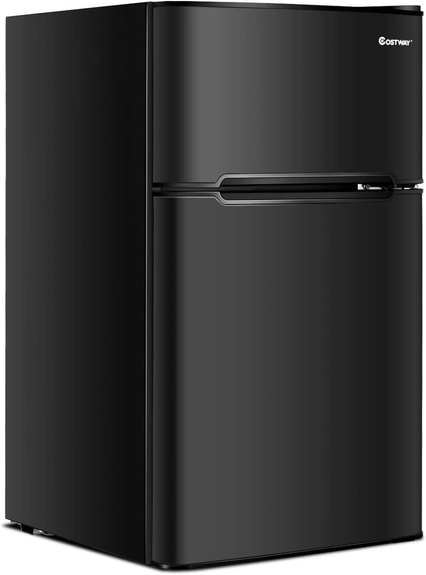 COSTWAY Compact Refrigerator, 3.2 cu ft. Unit 2-Door Freezer Cooler Fridge with Reversible Door, Removable Glass Shelves, Mechanical Control, Recessed Handle for Dorm, Office, Apartment (White)