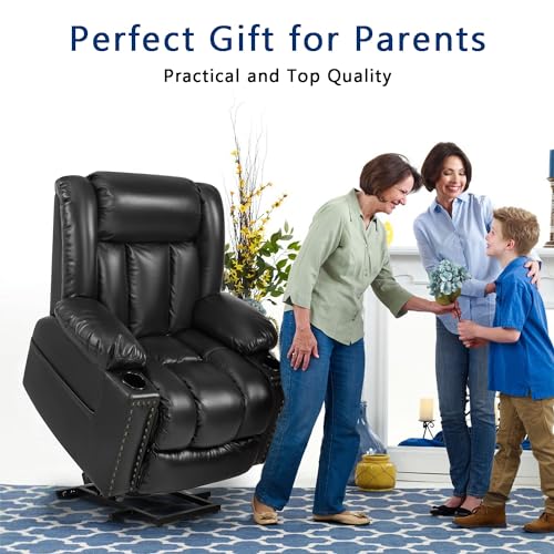 Large Power Lift Chairs Recliners for Elderly with Heated and Massage, Overstuffed Adjustable Lift Chairs, 3 Positions, Breathable Leather, USB-A and USB-C, Cup Holder, Side Pocket Dark Brown