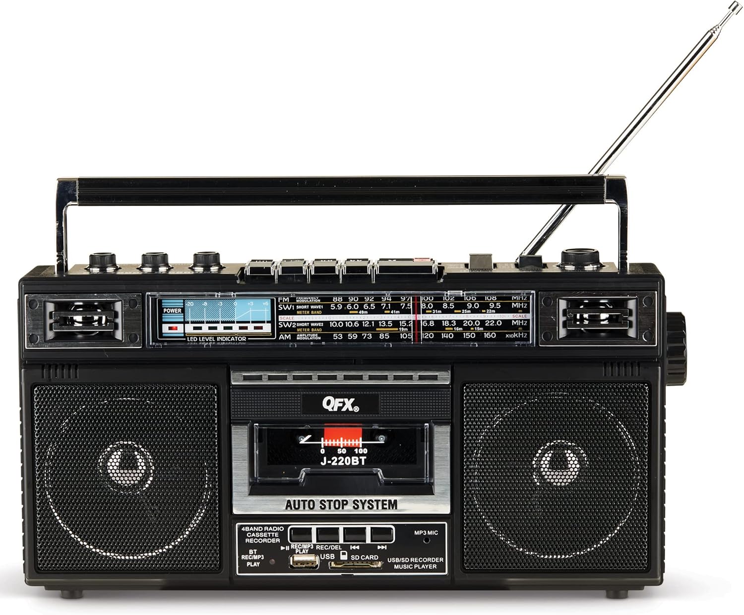 QFX J-220BT ReRun X Cassette Player/Recorder Boombox 4-Band (AM, FM, SW1, SW2) Bluetooth Portable Recording Boombox with Dual 3” Speakers, Built-in Microphone, 3-Band Equalizer Pack of 2
