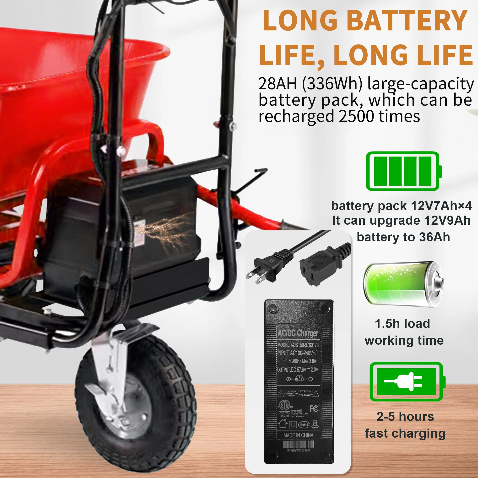 THINK 30,Wheelbarrow Utility Cart Electric Powered Cart 48V28Ah, 500W, Capacity 500lbs (230kg), 1000lbs Towing, Material Debris Hauler