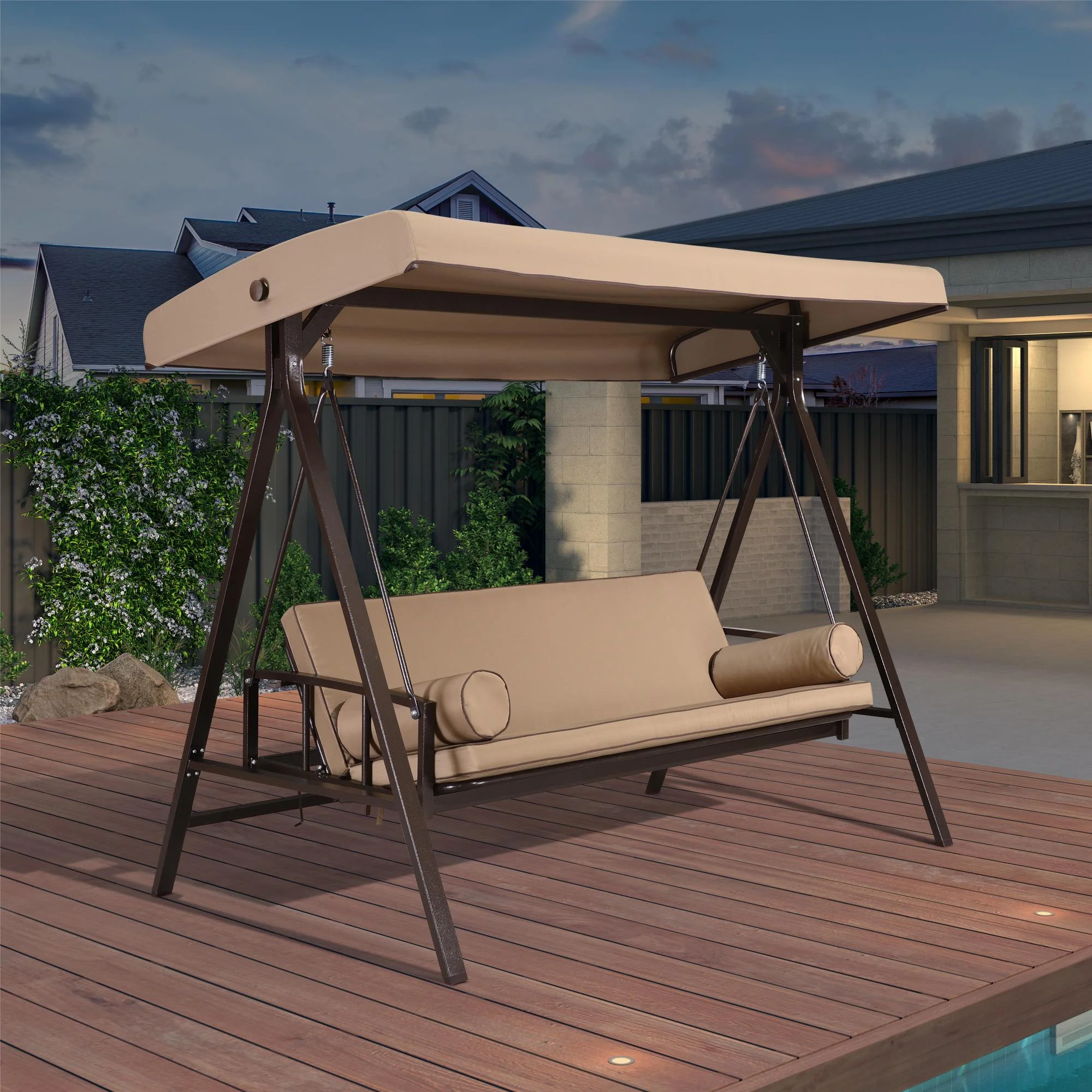 PURPLE LEAF Outdoor Patio Porch Swing Adjustable Backrest, 3-Seat Swing Chair with Weather Resistant Steel Frame for Backyard Front Porch Lawn, Cushion and Pillows Included, Beige