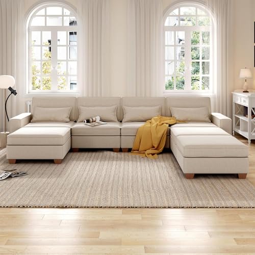 Modular Sectional Sofa, Convertible U Shaped Sofa Couch with Central Console & USB Ports, 7 Seat Modular Sectionals Couch with Chaise and Storage for Living Room, Light Grey