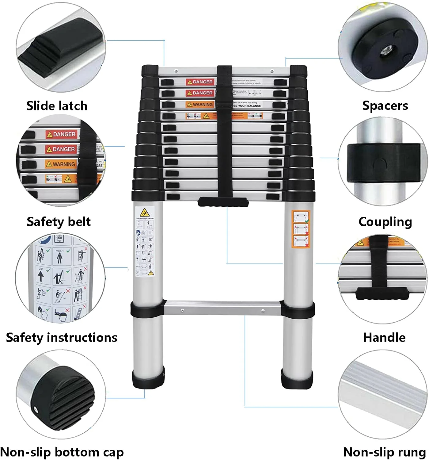 Telescoping Ladder 16FT Aluminum Telescoping Extension Ladder, Collapsible Ladder Attic Ladder Rv Ladder, Portable Telescopic Ladder for Outdoor Working & Household Use, Folding Ladder 330lb Capacity