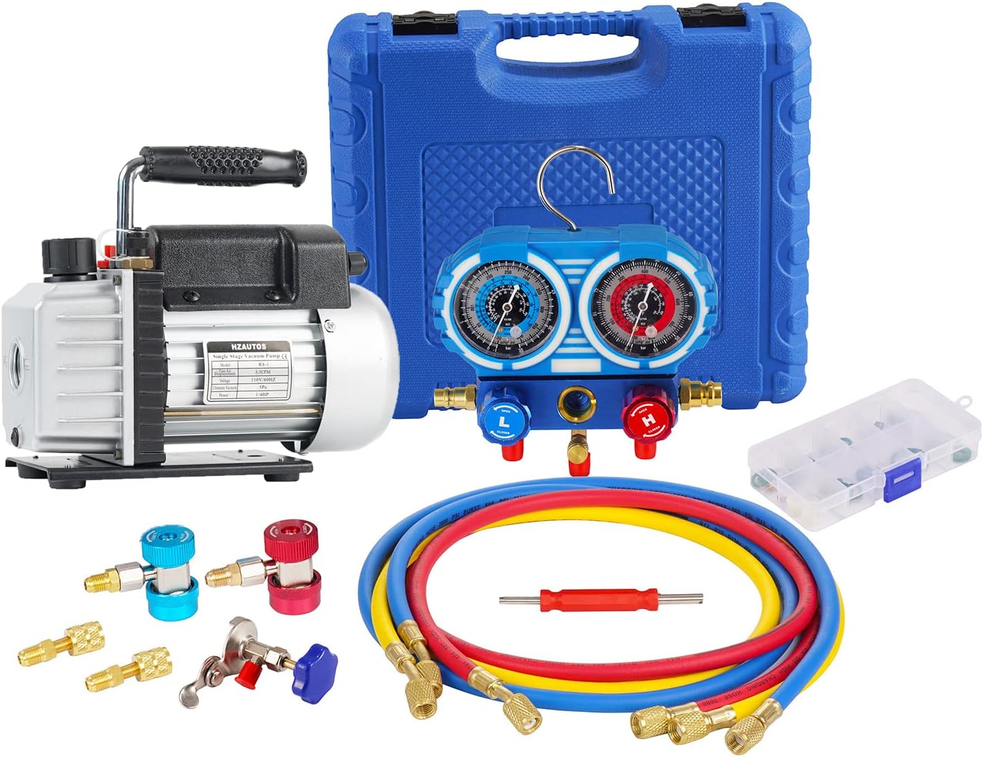 3.5CFM 1/4HP Single-Stage Vacuum Pump and R410A R22 R134A R404A Manifold Gauge Set Refrigeration Kit for HVAC A/C Refrigeration Recharging and Maintenance