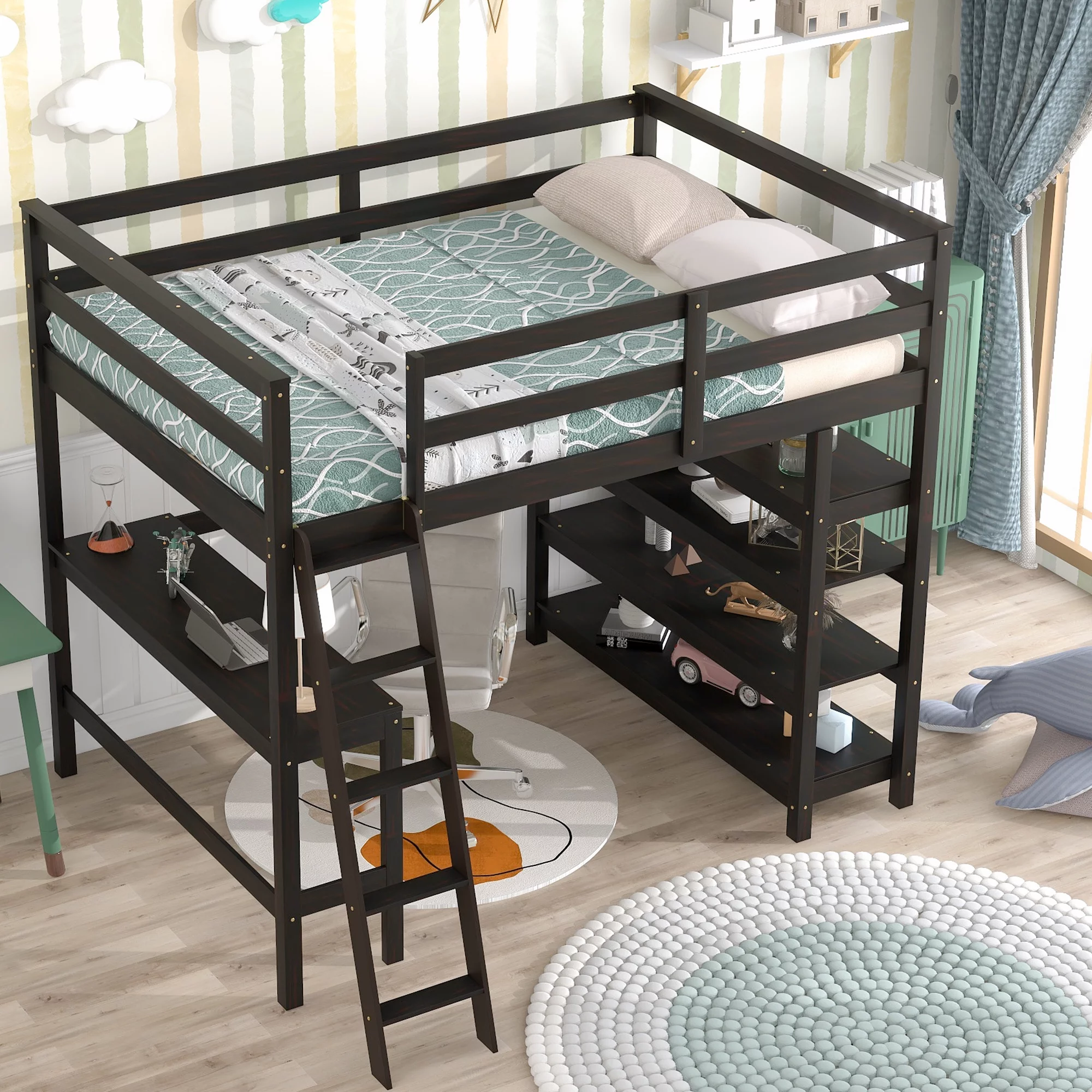 Wooden Full Loft Bed with Desk, Full Size Bunk Bed with 4 Tier Storage Shelves, Workstation Desk, Safety Rail, Wider Ladder for Kids Teens Adults, Space Saving Design, No Spring Box needed, Espresso