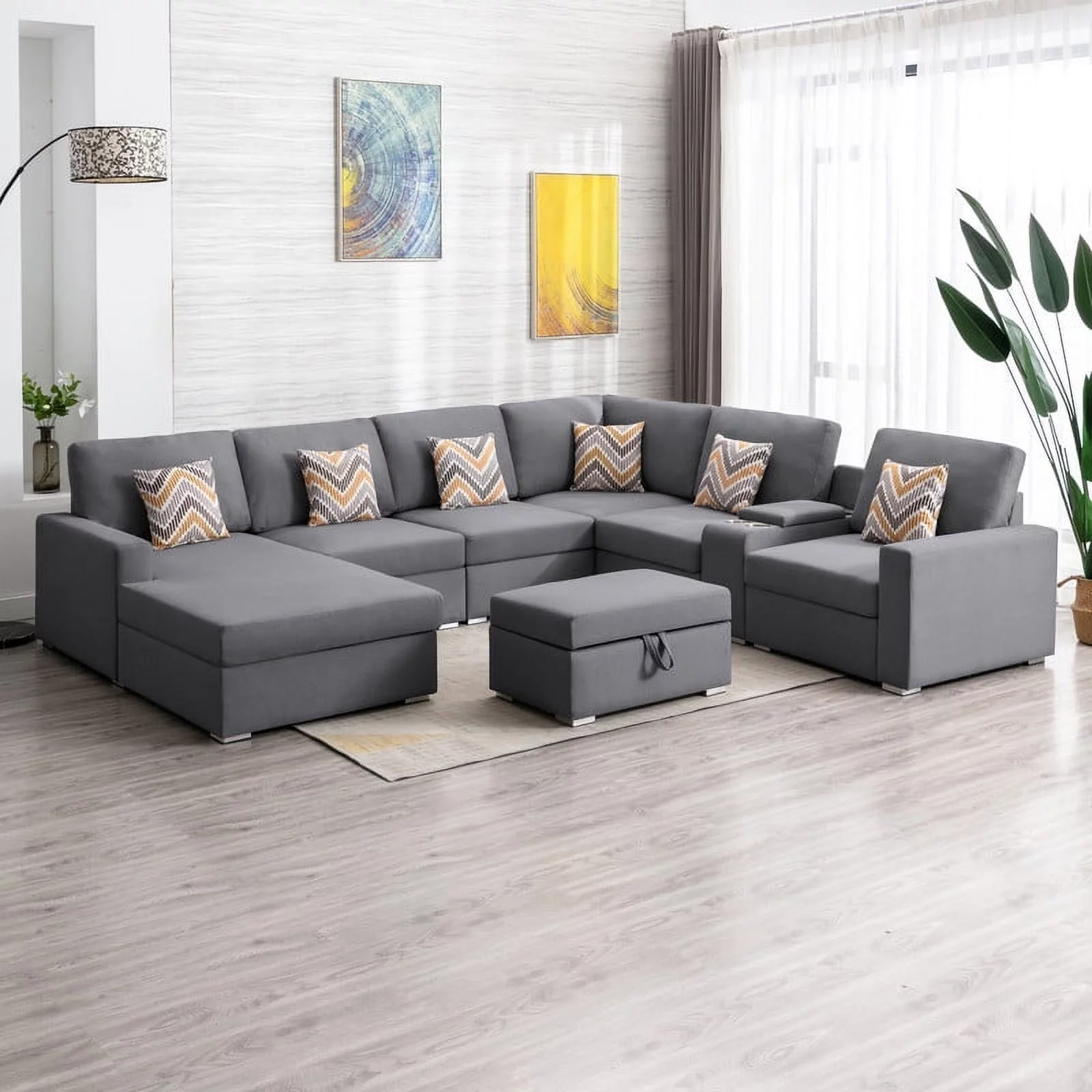Lilola Home Nolan Linen Fabric 8Pc Reversible Chaise Sectional Sofa with Interchangeable Legs, Pillows, Storage Ottoman, and a USB, Charging Ports, Cupholders, Storage Console Table-Color:Gray