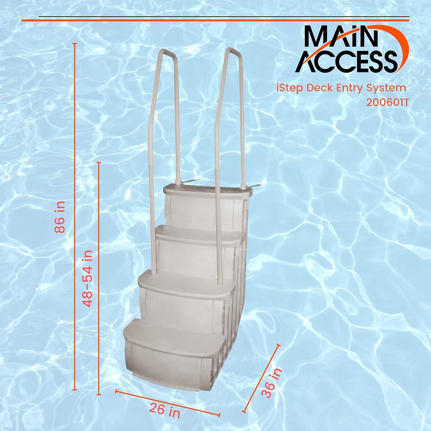 Main Access 200601T 26 Inch Wide iStep Above Ground Swimming Pool Step Ladder No Swim Zone and Flow Through Step Entry System, White