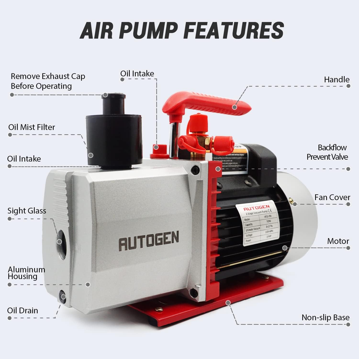 AUTOGEN 2-Stage Air Vacuum Pump 7CFM 0.3 Pa for HVAC/Auto AC Refrigerant Recharging, Degassing Wine, Milking Cow, Food Processing