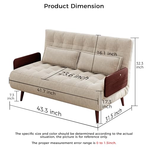 3-in-1 Convertible Chair Bed Sleeper for Adults, Linen Convertable Sleeper Chair with Wooden Arms & Pillows, Foldable Single Futon Sofa Bed (Mid Century with Walnut Arm, 36.6" Wide)
