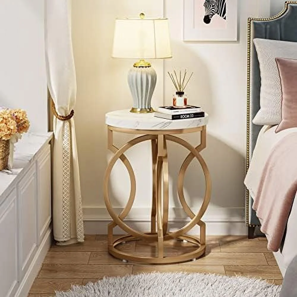 HJZBNONE Round End Table Set of 2  Multifunctional Accent Table Small Side Table for Living Room  Modern White Gold Nightstand with Faux Marble Tabletop  Bedside Table for Bedroom (2 PCS)