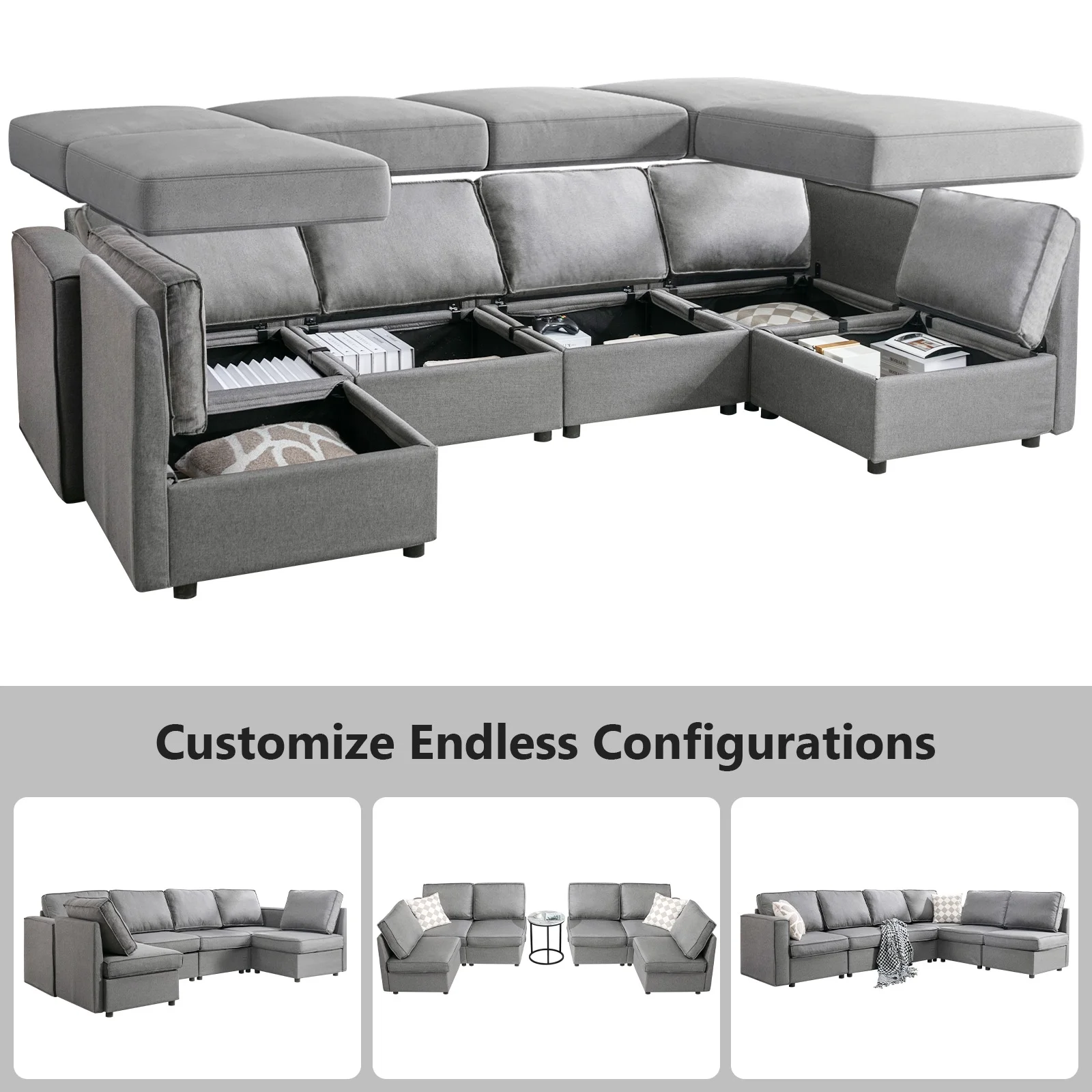 Bonzy Home U-Shaped Sectional Sofa with Storage and Reversible Chaises,Light Grey