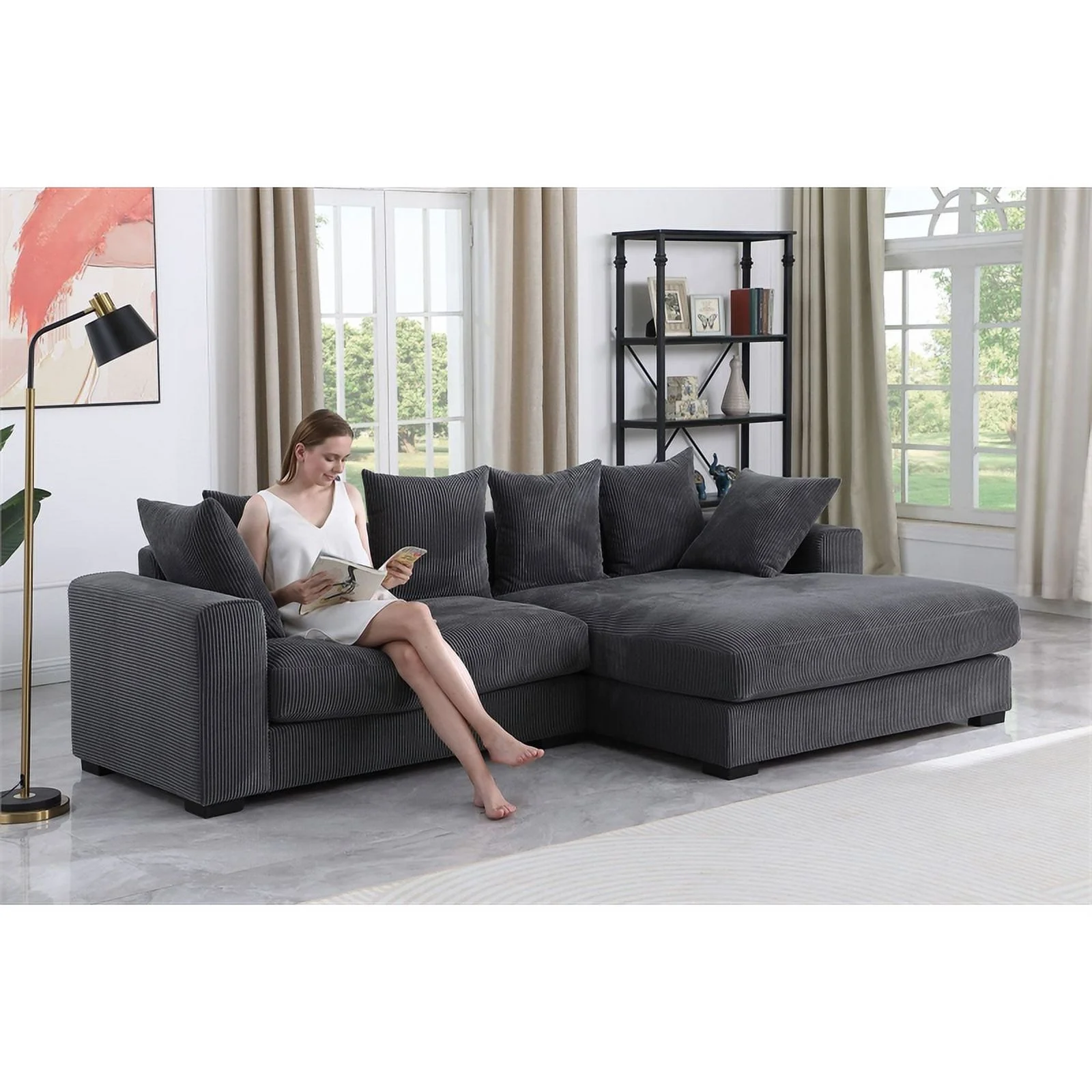 3 - Piece Upholstered Corduroy  Sectional Sofa With Chaise- Dark Gray