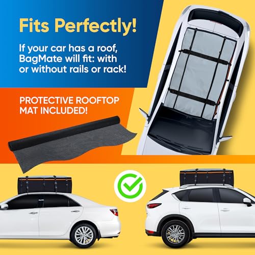 BagMate Military-Grade Waterproof Roof Bag - Rooftop Cargo Carrier – XXL 23 Cubic Feet. with 4 Door Hooks, Zipper/Buckle Closure, Extra Strap – Black Roof Bag for Cars with or Without Rack