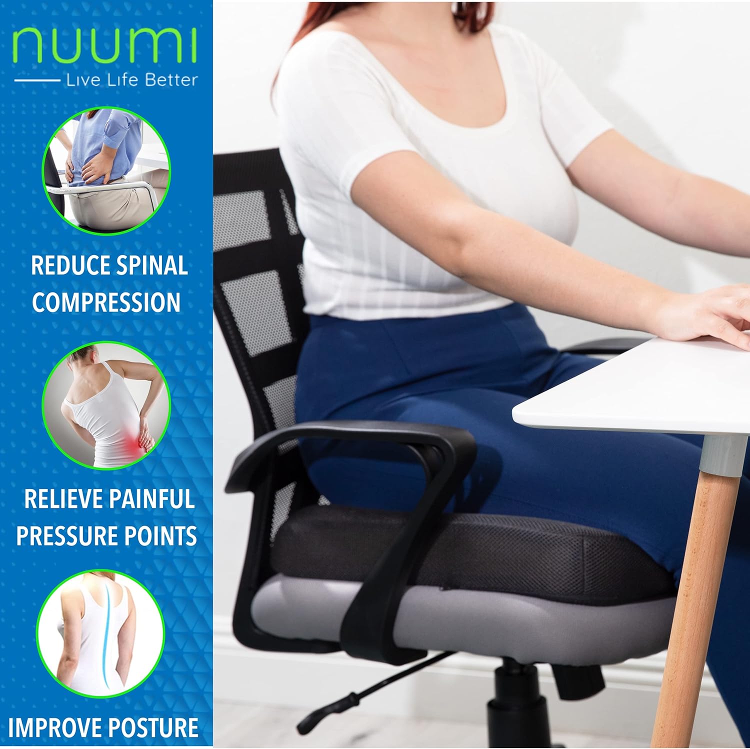 Nuumi Extra Large Memory Foam Seat Cushion with Anti Slip Bottom, Washable Covers & Carry Handle - Comfort Cushion for Office, Car & Wheelchair - Improves Posture & Circulation