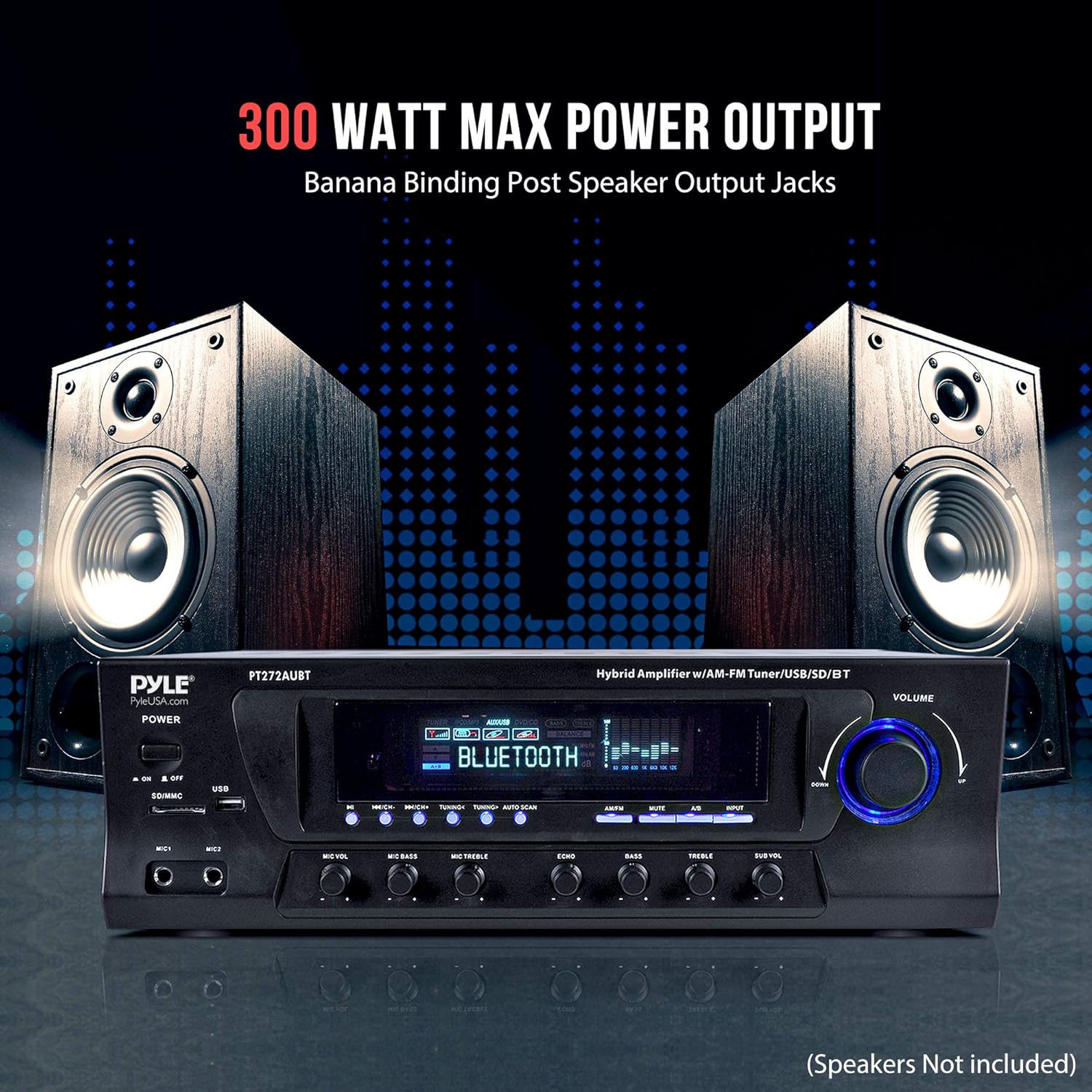 Wireless Bluetooth Audio Power Amplifier - 300W 4 Channel Home Theater Stereo Receiver with USB, AM FM, 2 Mic IN with Echo, RCA, LED, Speaker Selector - For Studio, Home Use - Pyle PT272AUBT