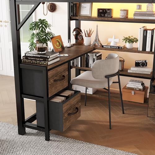 Full Size Loft Bed with Stairs and Storage, Metal Loft Bed Frame with Bedside Shelf and Large Under-Bed Space, Heavy-Duty Bed for Adults Teens and Kids, Black