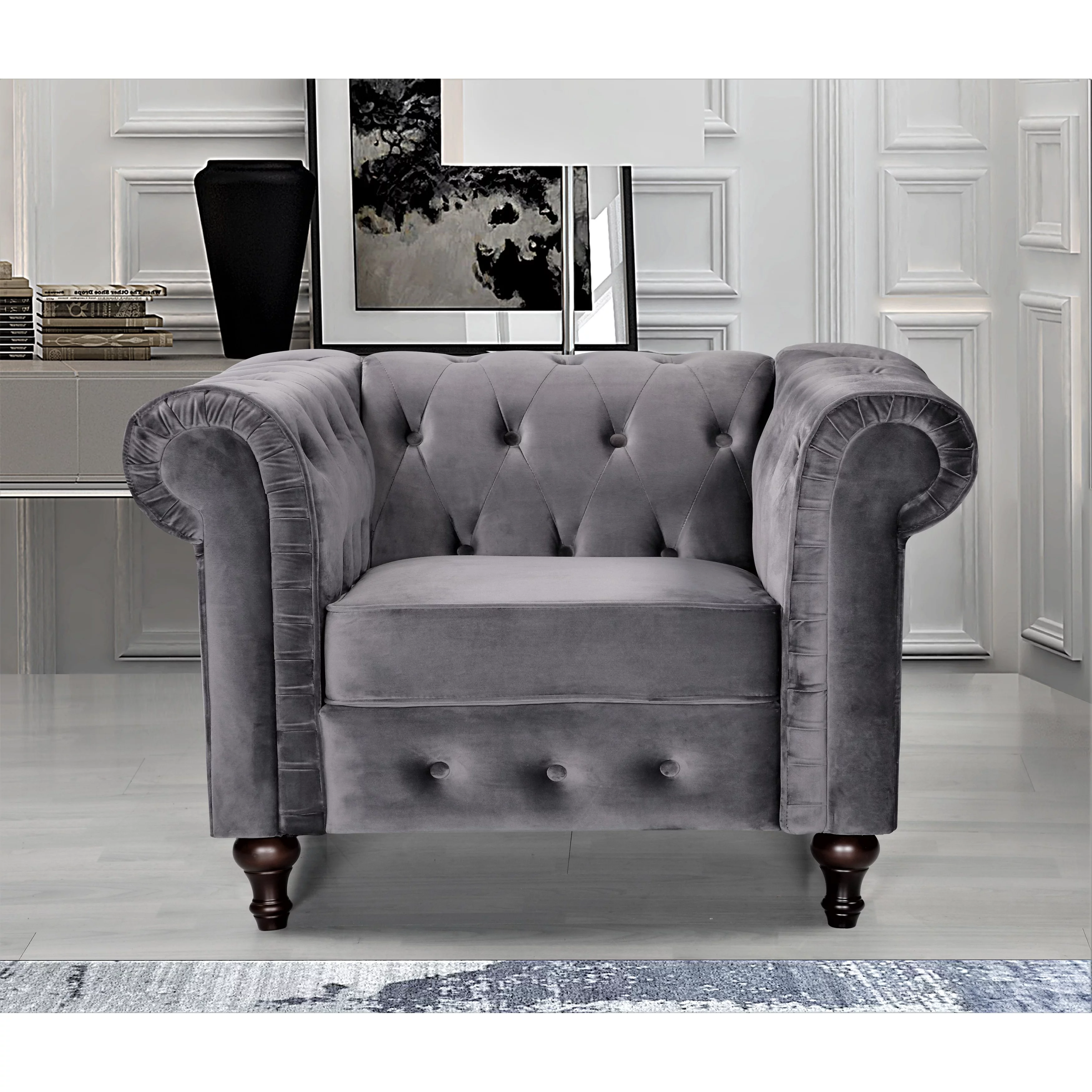 US Pride Furniture Brooks Classic Chesterfield Chair Grey Velvet Velvet