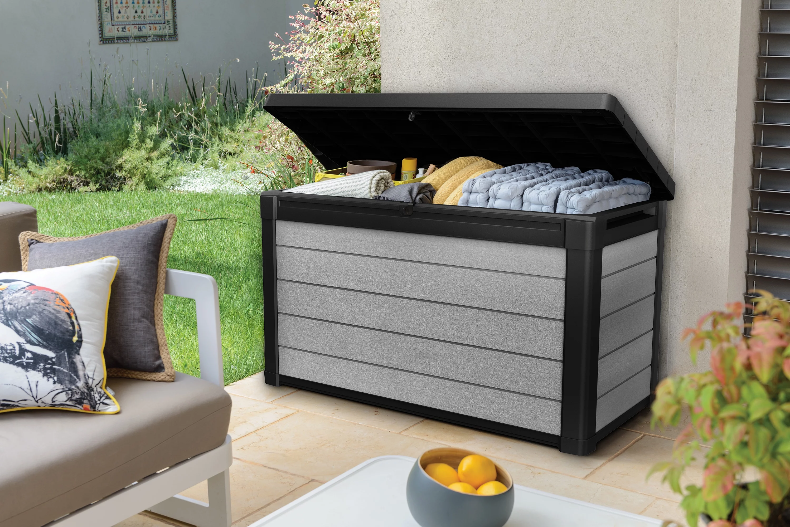 Keter Denali Outdoor 100 Gallon Resin, Plastic and Wood Deck Box, Gray and Black