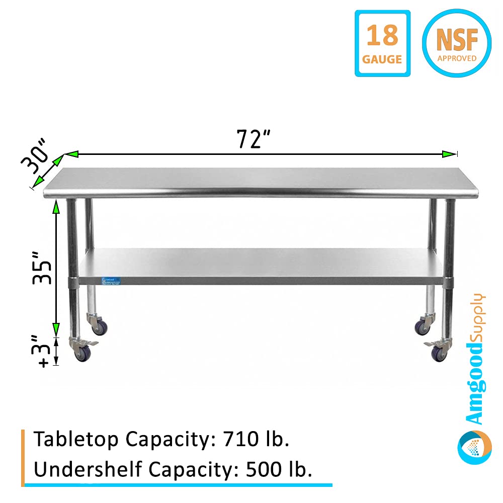 AmGood 18 x 48 Stainless Steel Work Table with Casters | Heavy Duty Metal Utility Table On Wheels | Kitchen Island Cart